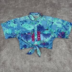 Vtg Floral Hawaiian Crop Top Tropical Front Tie Blue Size L Andrew Dopamine